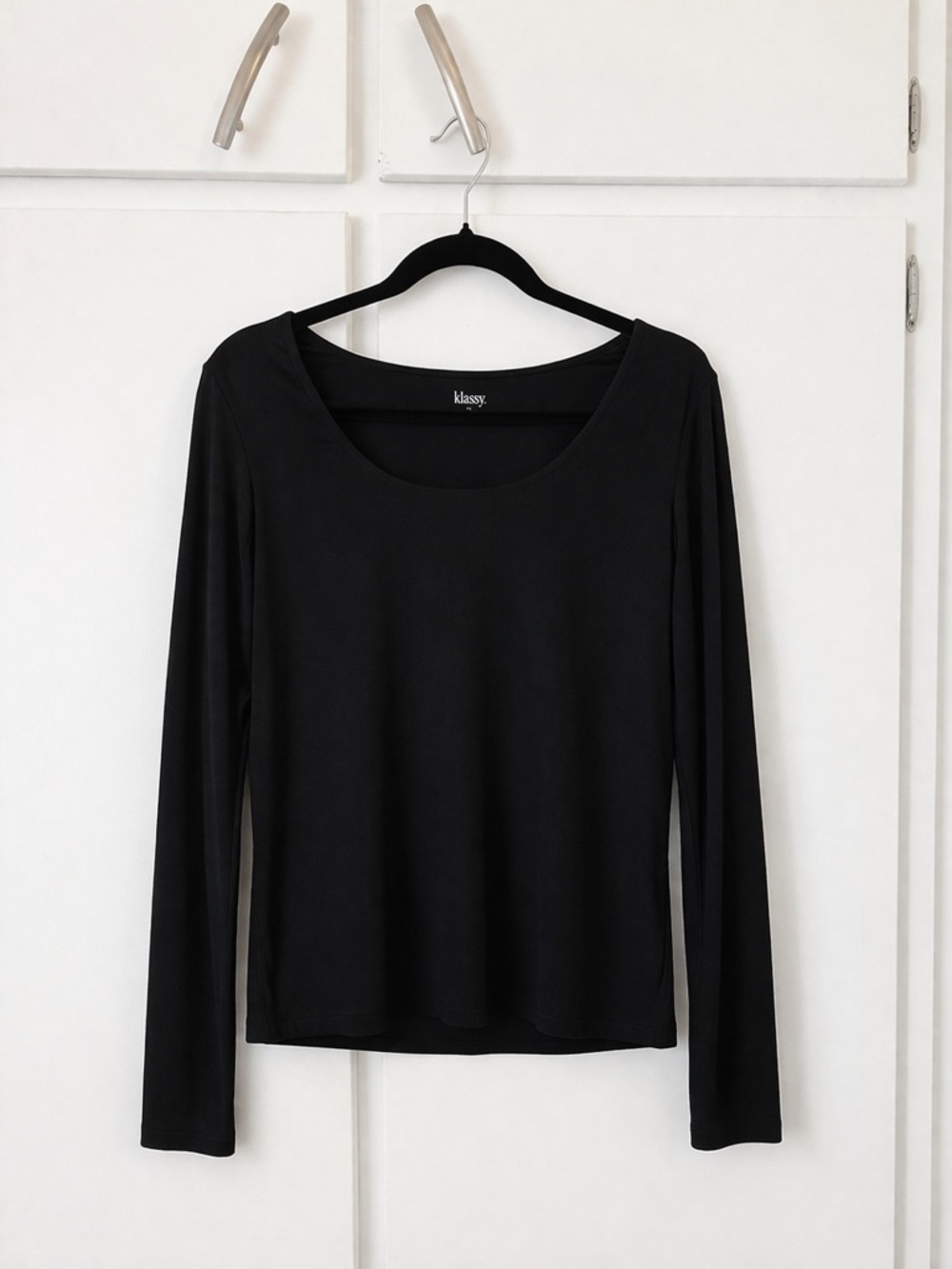Women's Black Long-Sleeve Scoop Neck Top with built in bra